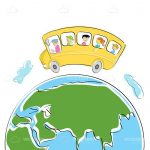 Illustrated School Bus with Kids on Earth Globe